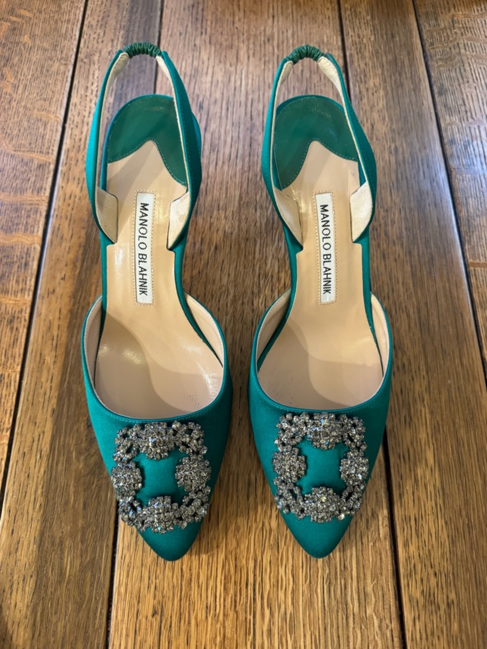 Manolo Blahnik HANGISLI Green Satin Jewel Buckle Slingback Pumps